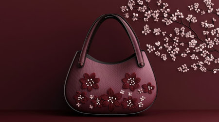 This elegant handbag features a rich burgundy color with intricate floral designs and cherry blossom accents, perfect for any fashion enthusiast.の素材