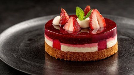A stunning layered cake featuring a glossy strawberry glaze, fresh strawberry slices, and a crunchy base, perfect for dessert enthusiasts.の素材