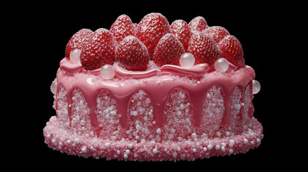 A stunning image of a pink strawberry cake adorned with fresh strawberries and sparkling sugar, perfect for celebrations and dessert lovers.の素材