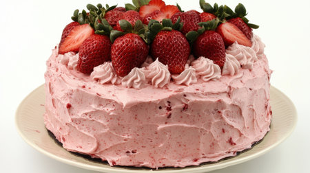 This strawberry cake features a rich, creamy frosting adorned with ripe strawberries, perfect for celebrations and special occasions.の素材