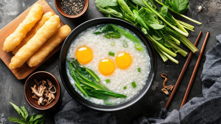 This vibrant image showcases a bowl of rice porridge topped with fresh spinach and eggs, accompanied by crispy fried dough sticks, ideal for breakfast.の素材