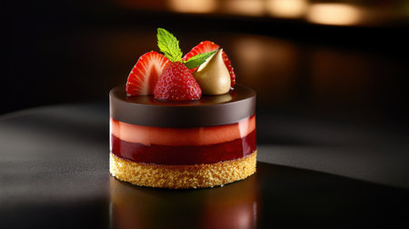 This stunning dessert features rich chocolate layers alongside fresh strawberries, elegantly garnished with mint, creating a luxurious treat that delights the senses.の素材
