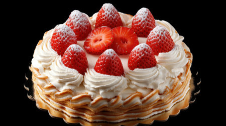 A beautifully crafted strawberry cake topped with fresh strawberries and dollops of whipped cream, perfect for any celebration or food photography project.の素材