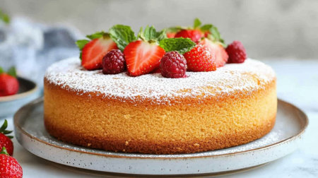 A beautiful homemade cake with a golden crust, adorned with ripe strawberries and raspberries. The cake is dusted with powdered sugar, creating an appealing dessert perfect for any occasion.の素材