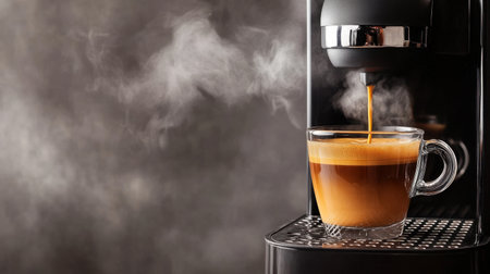 A steaming cup of hot espresso brews in a sleek coffee machine, capturing the essence of morning rituals and inviting warm moments of indulgence.の素材