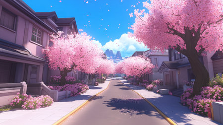 A beautiful street lined with vibrant cherry blossom trees in full bloom, creating a picturesque scene filled with tranquility and charm in spring.の素材