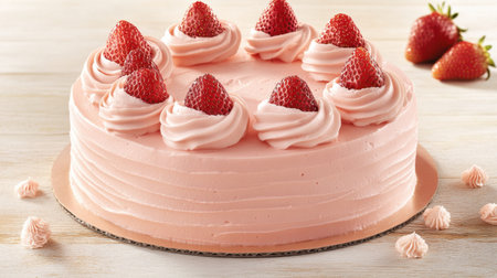 A stunning round strawberry cake adorned with creamy frosting and fresh strawberries, ideal for any celebration or a delicious treat at home.の素材