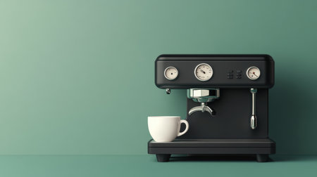 A sleek black espresso machine displayed on a minimalist green surface, accompanied by a white coffee cup, creating a stylish and inviting coffee experience.の素材