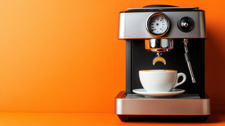 A sleek espresso machine sits beside a white cup on a vibrant orange background. The image captures the art of coffee brewing, showcasing modern design and inviting aroma.の素材