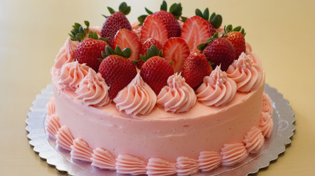 A beautifully designed strawberry cake featuring smooth pink frosting, adorned with fresh strawberries and decorative icing, perfect for any celebration.の素材