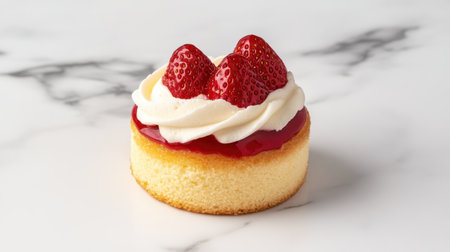 A delightful strawberry dessert topped with cream and glaze, perfect for showcasing sweet treats on menus or promotional materials, set against a sleek marble backdrop.の素材