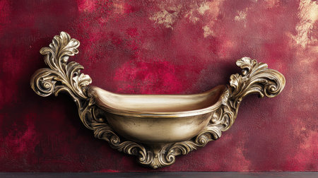 This exquisite ornate wall decoration features a golden bowl with intricate details, elegantly placed against a rich red textured background, perfect for enhancing sophisticated interior designs.の素材