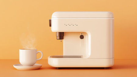 This image features a modern coffee machine beside a steaming cup of coffee, set against a warm orange backdrop, ideal for kitchen decor or beverage content.の素材