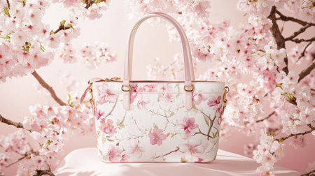 This stunning handbag features a beautiful floral design with cherry blossoms and presents a vibrant, stylish accessory for spring. Perfect for adding elegance to any outfit.の素材