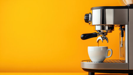 A sleek espresso machine extracts rich coffee into a white cup, set against a bright orange backdrop. Ideal for coffee enthusiasts and kitchen aesthetics.の素材