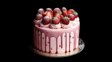 A stunning pink strawberry cake topped with fresh strawberries and creamy frosting. Perfect for celebrations and special events, it looks delicious and tempting.の素材