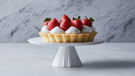 A beautiful fresh strawberry tart presented on a stylish white cake stand, showcasing bright red strawberries and whipped cream. Perfect for dessert lovers!の素材