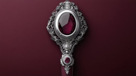 An elegant silver ornate mirror featuring a deep red gemstone, set against a dark maroon backdrop. This stunning piece exudes luxury and sophistication.の素材