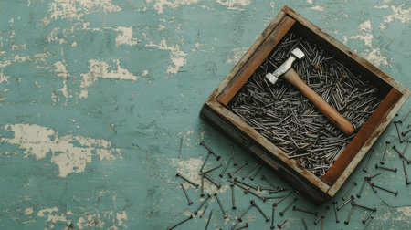 This image showcases a wooden box filled with nails and a hammer, resting on a distressed, textured surface, ideal for DIY enthusiasts.の素材