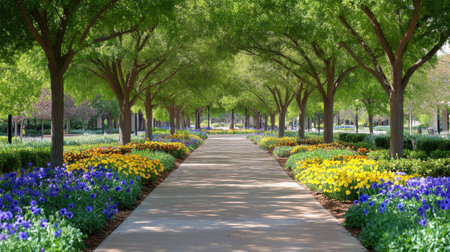 A beautiful pathway lined with vibrant flowers and lush trees creates a peaceful atmosphere in a serene garden. Ideal for outdoor escapes and nature photographers.の素材