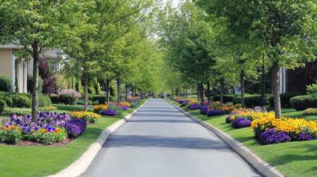 A picturesque tree-lined street adorned with colorful flower beds creates a serene and tranquil atmosphere in a beautiful residential neighborhood.の素材
