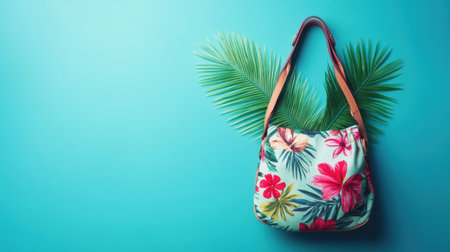 This vibrant handbag features a floral design complemented by tropical leaves, set against a striking blue background, perfect for summer outings.の素材