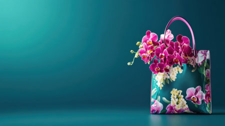 A stylish handbag adorned with vibrant orchids sits against a rich teal background, showcasing beauty and elegance perfect for fashion enthusiasts.の素材