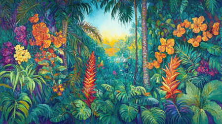 Experience a breathtaking rainforest scene filled with vibrant flowers and lush greenery, illuminated by the warm light of a morning sunrise. Perfect for nature lovers.の素材