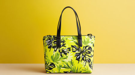 A vibrant floral handbag showcased against a bright yellow background, perfect for fashion and accessory themes, emphasizing bold color and design.の素材