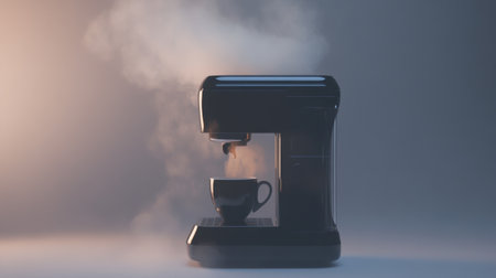 A sleek coffee maker is brewing a fresh cup of hot coffee, releasing steam in the soft light. This image captures the simplicity and comfort of making coffee at home.の素材