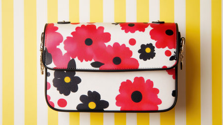 A vibrant floral handbag featuring bold red and black flowers on a white background, showcased against a lively yellow striped backdrop, perfect for fashion enthusiasts.の素材