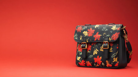 This stylish floral handbag features a beautiful design on a vivid red background, ideal for showcasing modern fashion trends and accessories.の素材