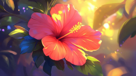 A stunning hibiscus flower stands out with its vibrant colors and intricate details, illuminated by soft natural light, evoking feelings of calm and beauty.の素材