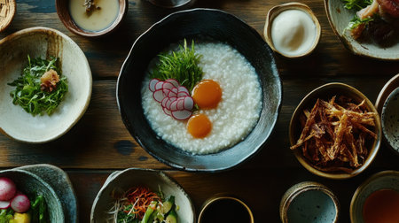 Experience a delightful Asian breakfast spread showcasing rice porridge topped with eggs and fresh vegetables, elegantly arranged on a rustic wooden table for a nourishing start.の素材