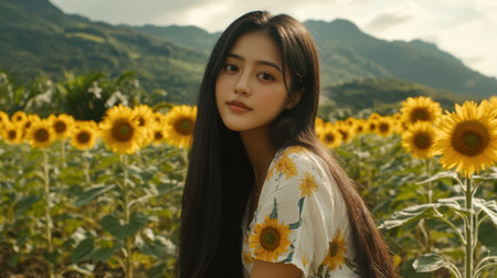 A young woman gazes thoughtfully while surrounded by lush sunflowers in a breathtaking landscape. The scene captures the essence of serenity and joy.の素材