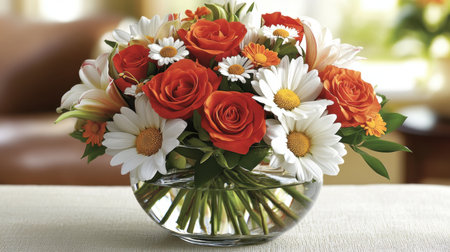 This vibrant floral arrangement features red roses and white daisies in a glass vase, perfect for enhancing home decor or celebrating special moments.の素材