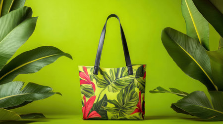This vibrant tropical tote bag features bold floral patterns against a lush green backdrop, creating an eye-catching accessory perfect for summer outings.の素材