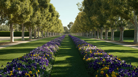A stunning garden pathway lined with vibrant purple and yellow flowers under a clear blue sky, framed by lush green trees on either side.の素材