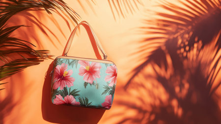 A stylish tropical bag featuring a bold floral design rests against a warm orange background, creating playful shadow effects from palm leaves.の素材