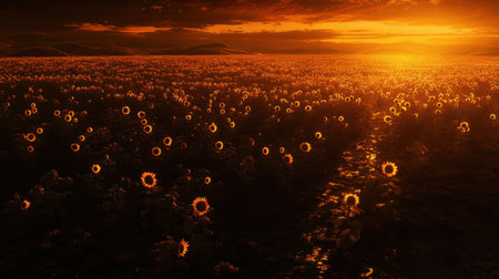 An enchanting view of a vast sunflower field illuminated by a stunning sunset. The golden light creates a magical atmosphere, showcasing nature's beauty.の素材