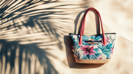 A vibrant floral handbag showcases summer elegance against a warm sandy backdrop with palm shadows, embodying the spirit of vacation and style.の素材