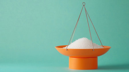This image features a vibrant orange scale holding a heap of white sugar, set against a soothing turquoise background. Ideal for food themes.の素材