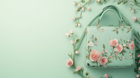 A beautifully designed floral handbag featuring pink roses and green leaves set against a serene mint background, perfect for fashion and decor enthusiasts.の素材