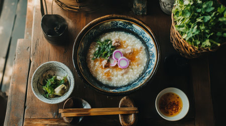 A beautifully presented bowl of traditional Asian rice porridge topped with fresh herbs and vibrant vegetables, perfect for a cozy dining experience.の素材