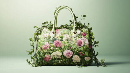 This stunning handbag features a beautiful floral design with roses and lush greenery. Its unique style blends artistry with fashion, perfect for elegant outfits.の素材