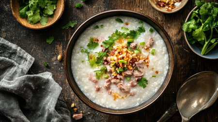 A hearty bowl of porridge featuring tender meat and fresh herbs, perfect for a comforting meal. Plated in a rustic setting, this dish highlights wholesome ingredients and appealing food presentation.の素材