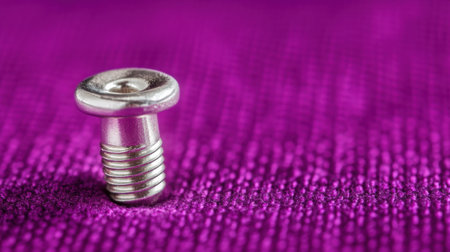 A close-up image showcasing a silver metal screw resting on a vibrant purple textured fabric surface. Ideal for industrial and creative projects.の素材