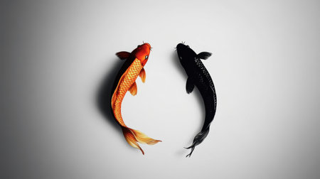 This artistic representation showcases the striking contrast between vibrant orange and deep black koi fish, symbolizing balance and harmony in nature.の素材