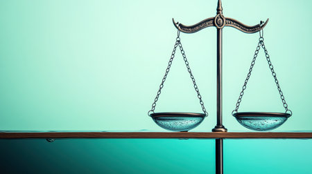 This image showcases an elegant balance scale on a wooden surface under a soft turquoise backdrop, symbolizing justice and equality in a modern context.の素材