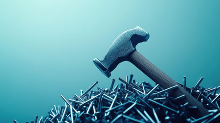 A close-up image of a hammer resting on a pile of nails with a soft blue gradient background, ideal for themes of construction and craftsmanship.の素材